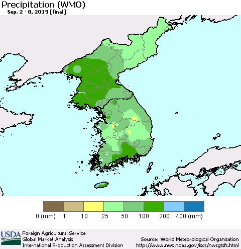 Korea Precipitation (WMO) Thematic Map For 9/2/2019 - 9/8/2019