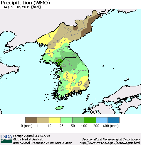 Korea Precipitation (WMO) Thematic Map For 9/9/2019 - 9/15/2019