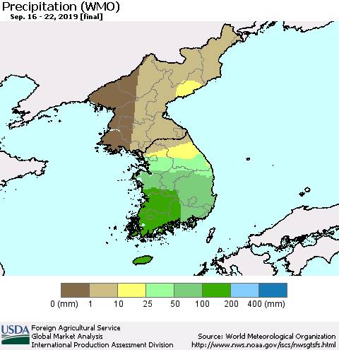 Korea Precipitation (WMO) Thematic Map For 9/16/2019 - 9/22/2019