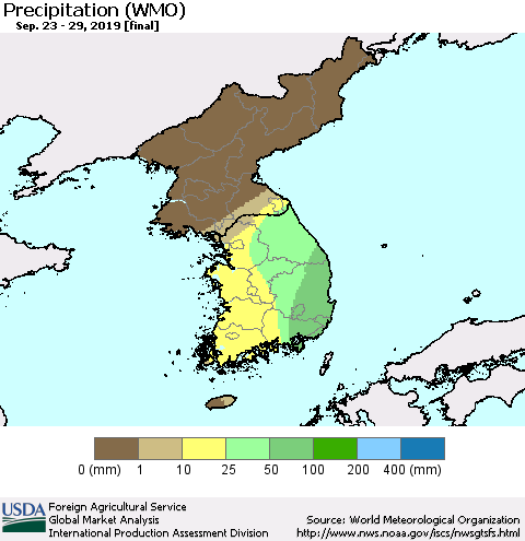Korea Precipitation (WMO) Thematic Map For 9/23/2019 - 9/29/2019