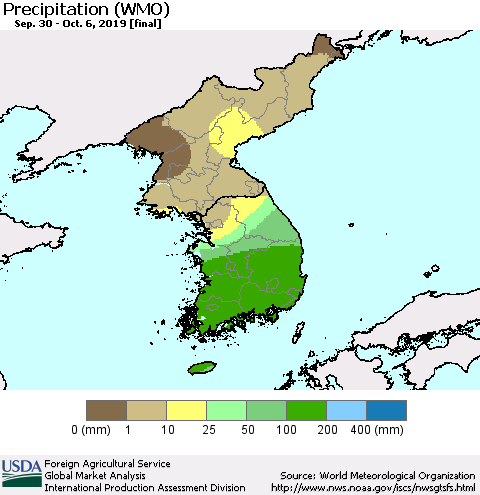 Korea Precipitation (WMO) Thematic Map For 9/30/2019 - 10/6/2019