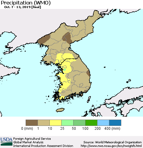 Korea Precipitation (WMO) Thematic Map For 10/7/2019 - 10/13/2019