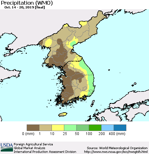 Korea Precipitation (WMO) Thematic Map For 10/14/2019 - 10/20/2019