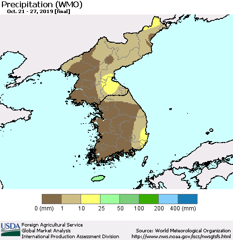 Korea Precipitation (WMO) Thematic Map For 10/21/2019 - 10/27/2019