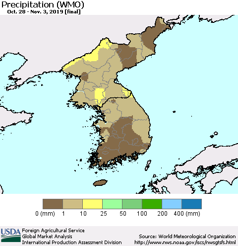 Korea Precipitation (WMO) Thematic Map For 10/28/2019 - 11/3/2019