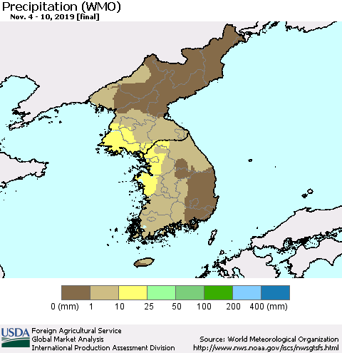 Korea Precipitation (WMO) Thematic Map For 11/4/2019 - 11/10/2019