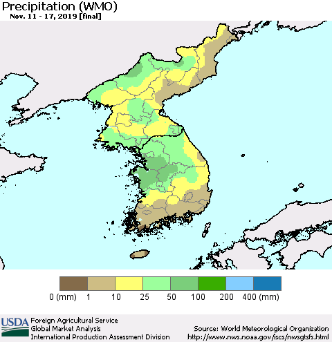 Korea Precipitation (WMO) Thematic Map For 11/11/2019 - 11/17/2019