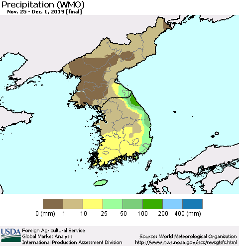 Korea Precipitation (WMO) Thematic Map For 11/25/2019 - 12/1/2019
