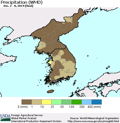 Korea Precipitation (WMO) Thematic Map For 12/2/2019 - 12/8/2019