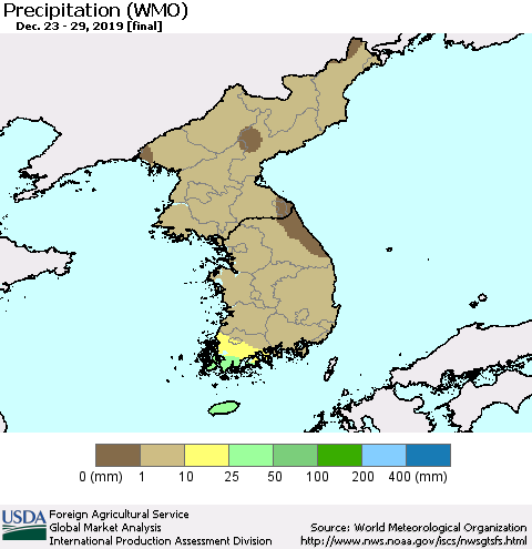 Korea Precipitation (WMO) Thematic Map For 12/23/2019 - 12/29/2019