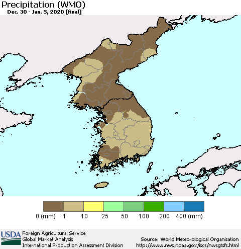 Korea Precipitation (WMO) Thematic Map For 12/30/2019 - 1/5/2020