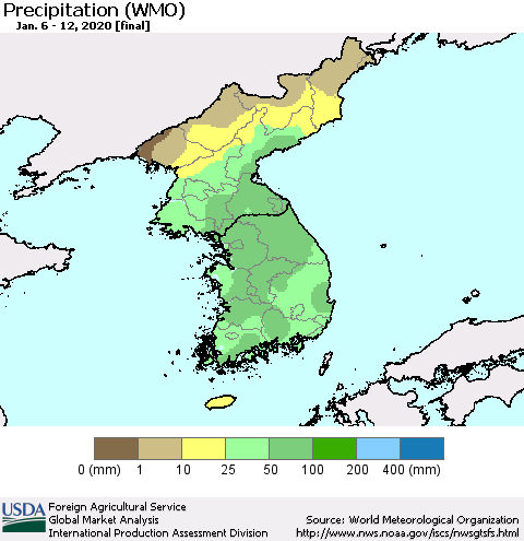 Korea Precipitation (WMO) Thematic Map For 1/6/2020 - 1/12/2020