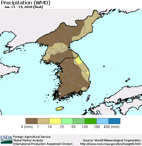 Korea Precipitation (WMO) Thematic Map For 1/13/2020 - 1/19/2020