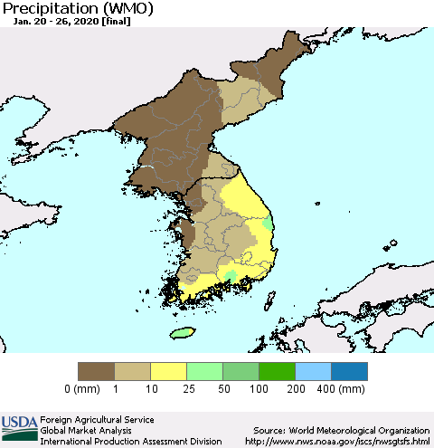 Korea Precipitation (WMO) Thematic Map For 1/20/2020 - 1/26/2020