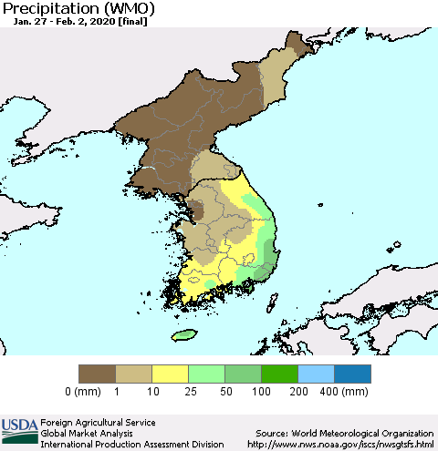 Korea Precipitation (WMO) Thematic Map For 1/27/2020 - 2/2/2020