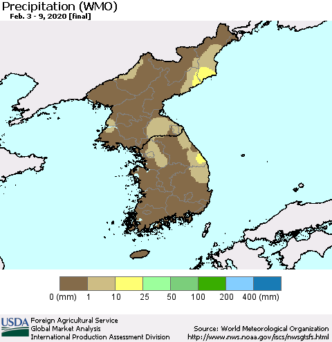 Korea Precipitation (WMO) Thematic Map For 2/3/2020 - 2/9/2020