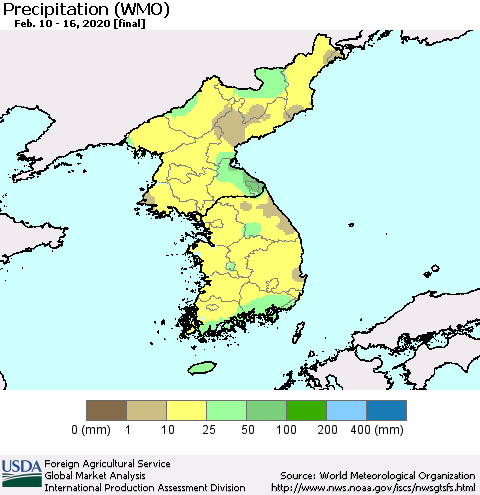 Korea Precipitation (WMO) Thematic Map For 2/10/2020 - 2/16/2020