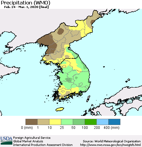 Korea Precipitation (WMO) Thematic Map For 2/24/2020 - 3/1/2020