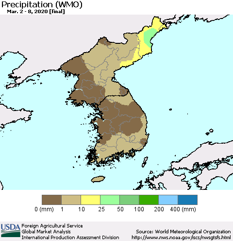 Korea Precipitation (WMO) Thematic Map For 3/2/2020 - 3/8/2020