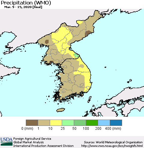 Korea Precipitation (WMO) Thematic Map For 3/9/2020 - 3/15/2020