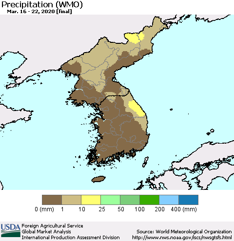 Korea Precipitation (WMO) Thematic Map For 3/16/2020 - 3/22/2020