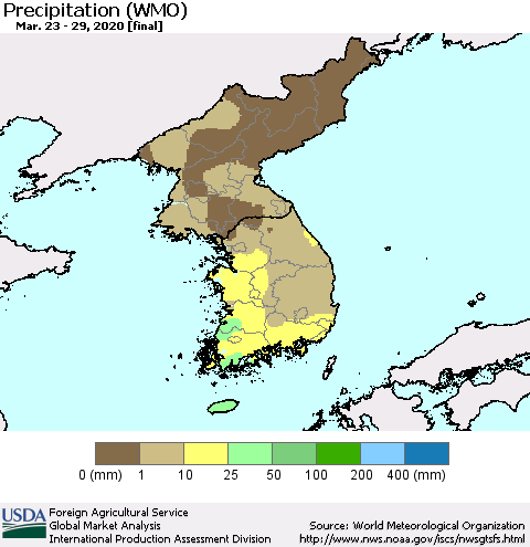 Korea Precipitation (WMO) Thematic Map For 3/23/2020 - 3/29/2020