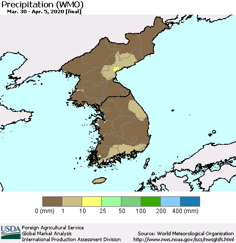 Korea Precipitation (WMO) Thematic Map For 3/30/2020 - 4/5/2020