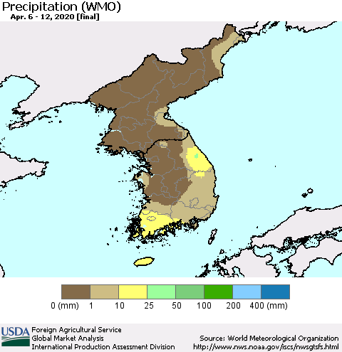 Korea Precipitation (WMO) Thematic Map For 4/6/2020 - 4/12/2020