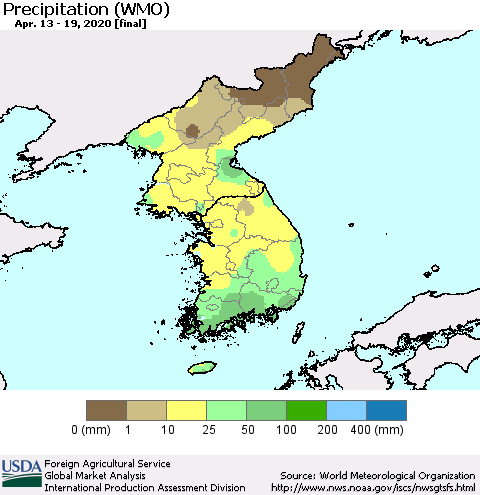 Korea Precipitation (WMO) Thematic Map For 4/13/2020 - 4/19/2020