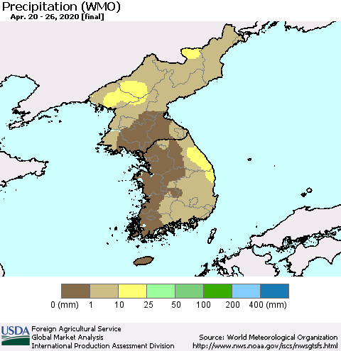 Korea Precipitation (WMO) Thematic Map For 4/20/2020 - 4/26/2020