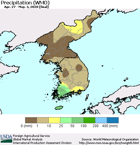 Korea Precipitation (WMO) Thematic Map For 4/27/2020 - 5/3/2020