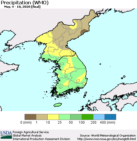 Korea Precipitation (WMO) Thematic Map For 5/4/2020 - 5/10/2020