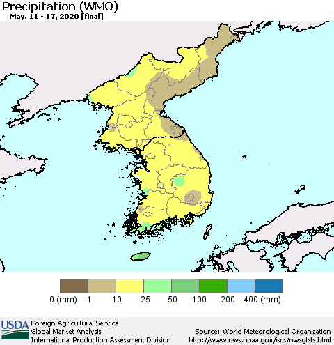 Korea Precipitation (WMO) Thematic Map For 5/11/2020 - 5/17/2020