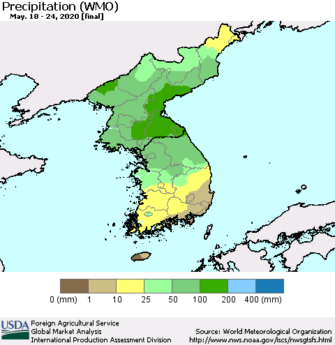 Korea Precipitation (WMO) Thematic Map For 5/18/2020 - 5/24/2020