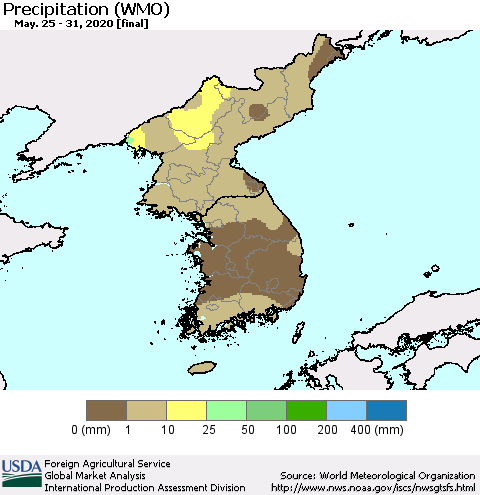 Korea Precipitation (WMO) Thematic Map For 5/25/2020 - 5/31/2020