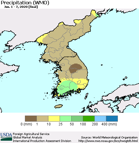 Korea Precipitation (WMO) Thematic Map For 6/1/2020 - 6/7/2020