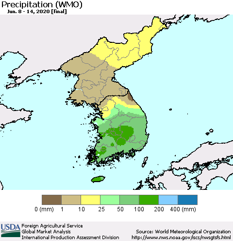 Korea Precipitation (WMO) Thematic Map For 6/8/2020 - 6/14/2020