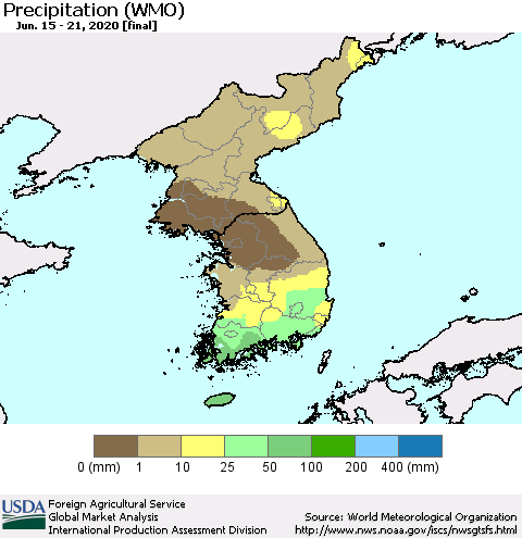 Korea Precipitation (WMO) Thematic Map For 6/15/2020 - 6/21/2020