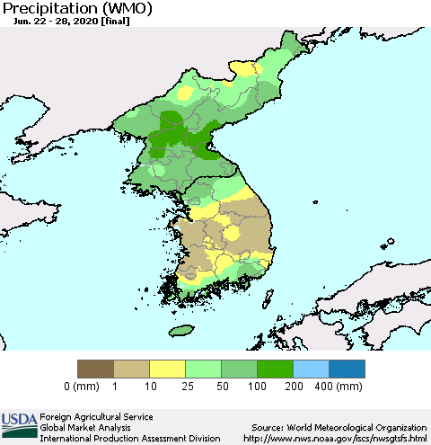 Korea Precipitation (WMO) Thematic Map For 6/22/2020 - 6/28/2020