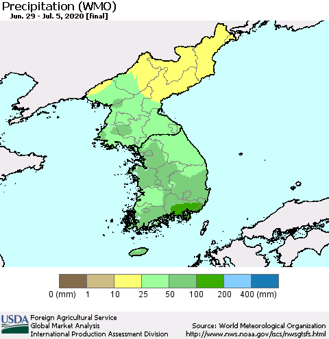 Korea Precipitation (WMO) Thematic Map For 6/29/2020 - 7/5/2020