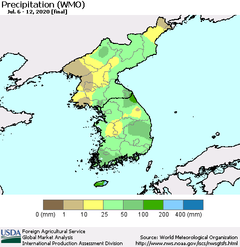 Korea Precipitation (WMO) Thematic Map For 7/6/2020 - 7/12/2020