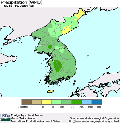 Korea Precipitation (WMO) Thematic Map For 7/13/2020 - 7/19/2020