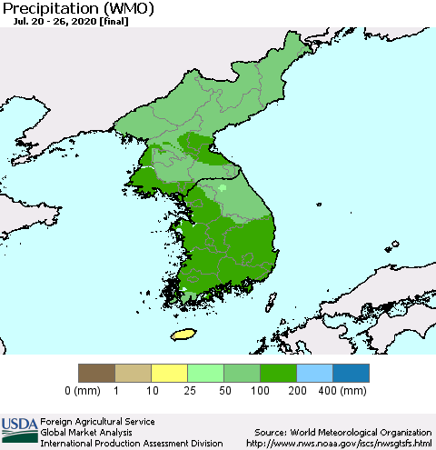 Korea Precipitation (WMO) Thematic Map For 7/20/2020 - 7/26/2020