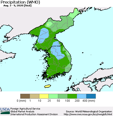 Korea Precipitation (WMO) Thematic Map For 8/3/2020 - 8/9/2020