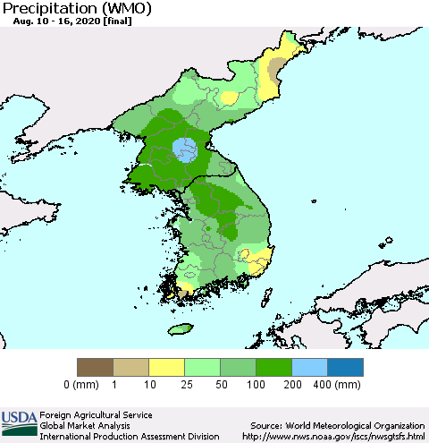 Korea Precipitation (WMO) Thematic Map For 8/10/2020 - 8/16/2020
