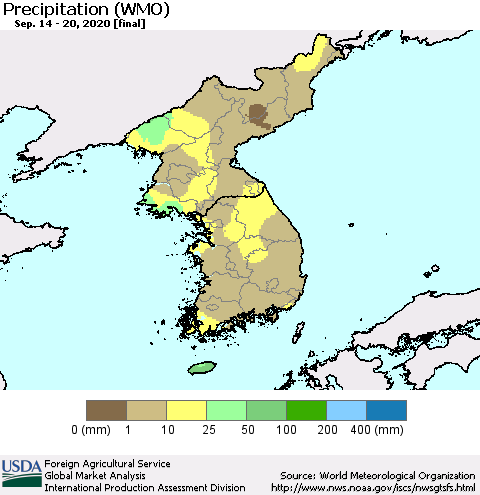 Korea Precipitation (WMO) Thematic Map For 9/14/2020 - 9/20/2020