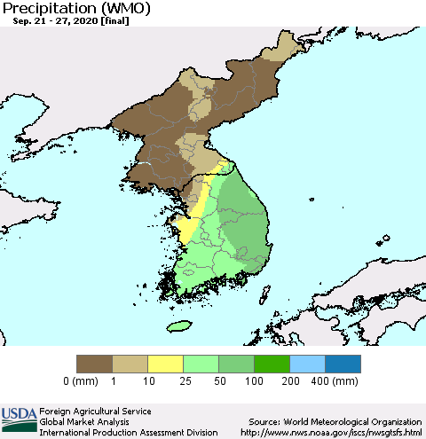 Korea Precipitation (WMO) Thematic Map For 9/21/2020 - 9/27/2020