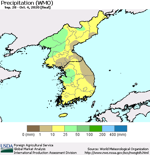 Korea Precipitation (WMO) Thematic Map For 9/28/2020 - 10/4/2020