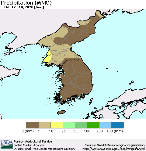 Korea Precipitation (WMO) Thematic Map For 10/12/2020 - 10/18/2020