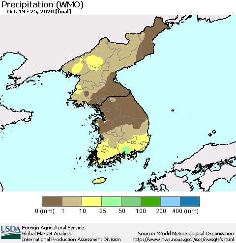 Korea Precipitation (WMO) Thematic Map For 10/19/2020 - 10/25/2020